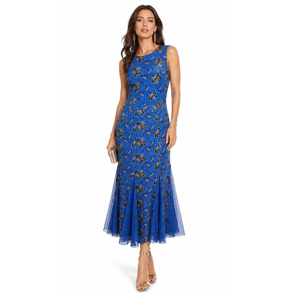 Candalite Blue Metallic Floral Godet Hem Maxi Dress Sleeveless Formal Gown S
